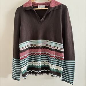 Missoni Knit Polo Top Women’s Sz 12 Brown V Neck Long Sleeve Wool Italy
